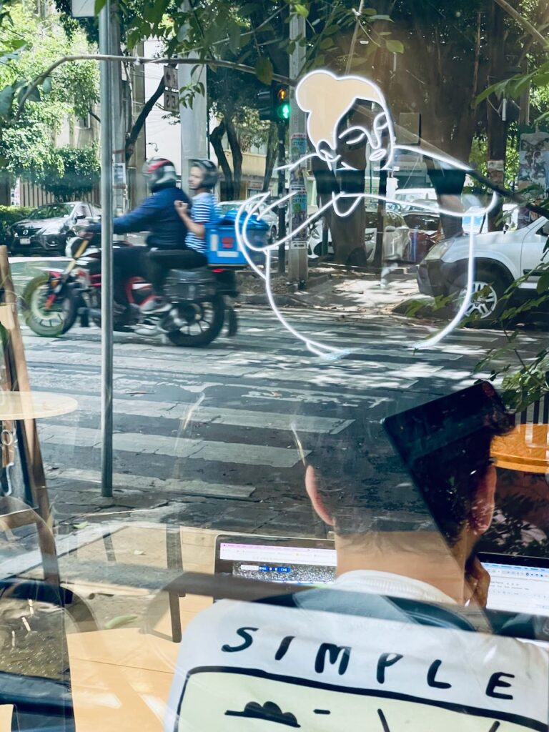 Peering in the window at Sunday Coffee House, Colonia Juarez