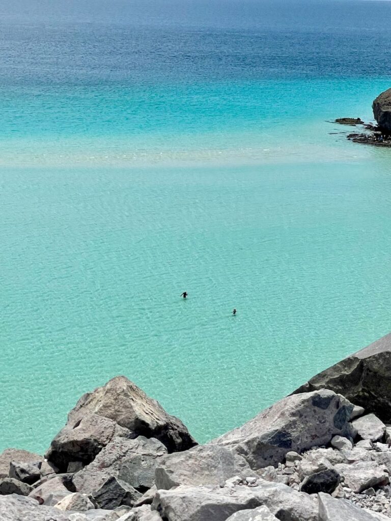 Wading Towards Mushroom Rock as Seen from Lookout, Playa Balandra