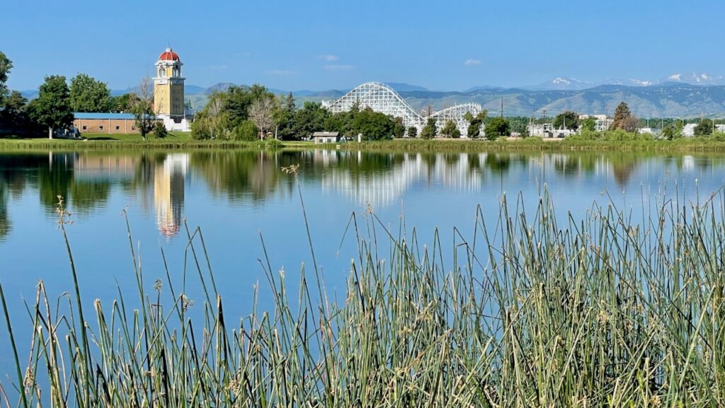 Lakeside Park and Mountains across Berkeley Lake Denver