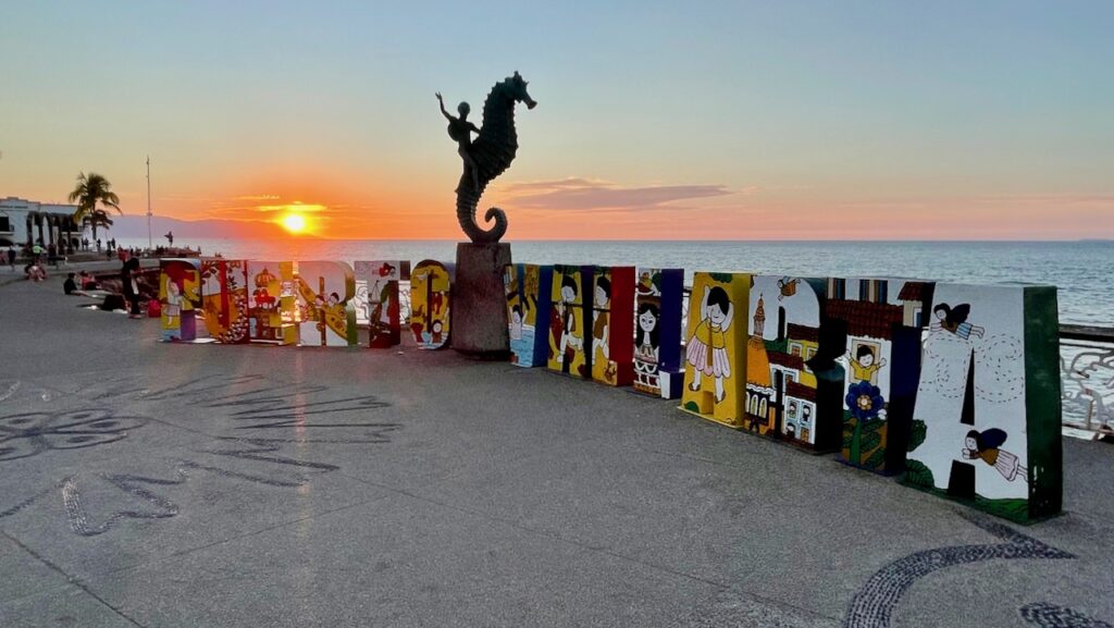 Puerto Vallarta Malecon Sign at Sunset