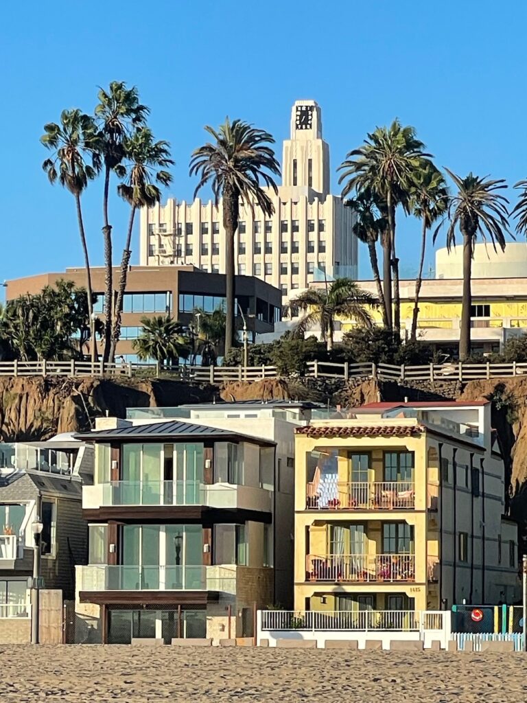 Beach houses and Clock Tower Building Santa Monica