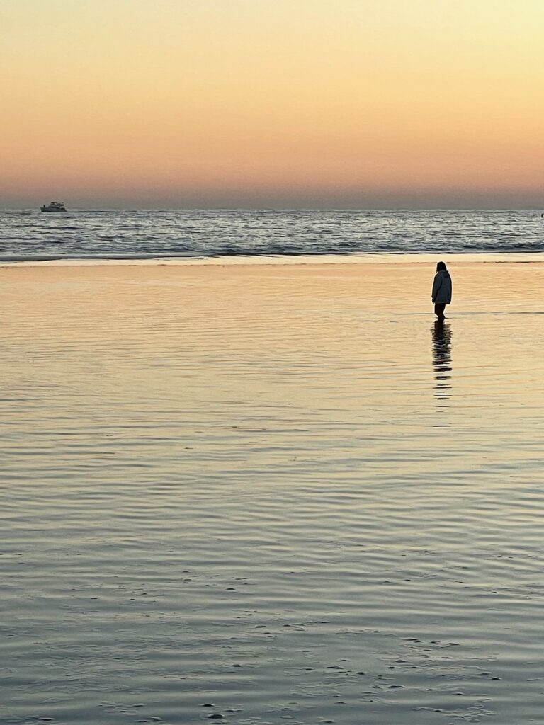 Evening pond and sea Santa Monica beach