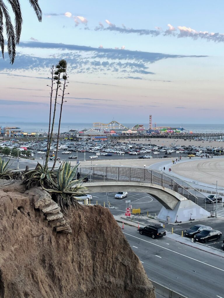 View of Santa Monica pier from park cliffs