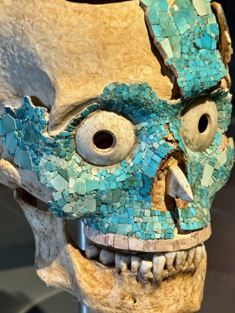 Turquoise covered skull Museum of Cultures of Oaxaca